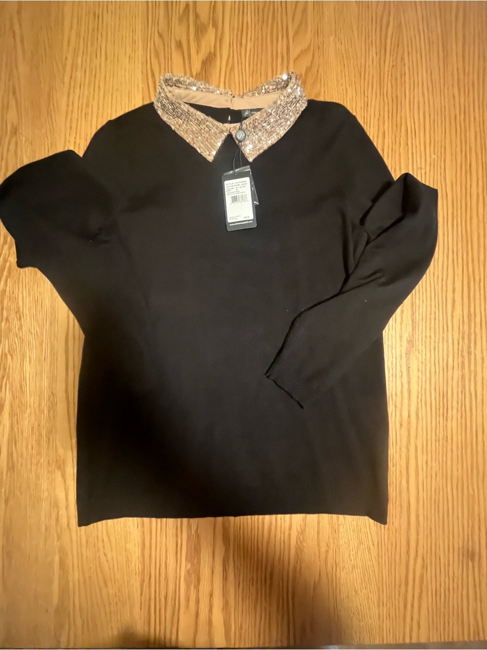 NWT Adrianna Papell Tan Sequin Collar Twofer Sweater Women’s Medium Black Dressy